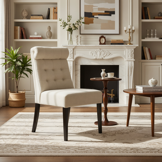 Sunvega Ivory Linen Upholstered Tufted Dining Chairs with Rolled Top Set of 2