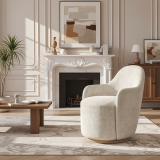 Sunvega Ivory Polyester Upholstered Swivel Barrel Chair with Cocoa Wood Base