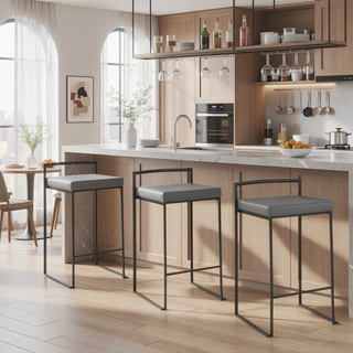 Sunvega Black Metal Counter Stool Set with Grey Faux Leather Cushion