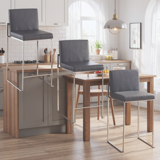 Sunvega Contemporary High Back Counter Stool Set of 3 with Faux Leather Upholstery
