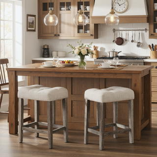 Sunvega Linen Blend Upholstered Side Chair Set of 2 with Oak Finish for Dining Room