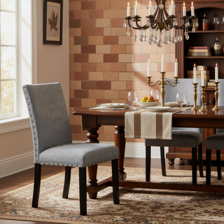 Sunvega Modern Set of 2 Grey Fabric Dining Chairs with Plush Cushion and Nailhead Trim