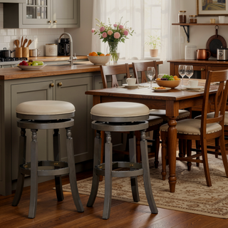 Sunvega 30 Inch Bar Stool with Weathered Gray Finish and Beige Fabric Seat