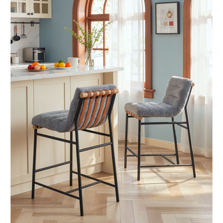 Sunvega Boucle Upholstered Chair with Cognac PU Leather Detailing and Black Iron Legs
