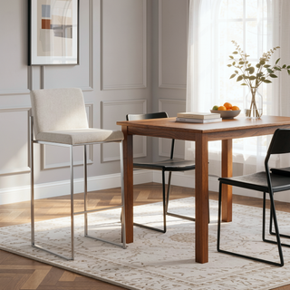 Sunvega Fuji Contemporary High Back Barstool with Padded Seat and Backrest in Stainless Steel and Beige Fabric - Set of 2