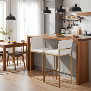 Sunvega Fuji Contemporary High Back Counter Stool Set of 3 in Gold Steel and White Velvet