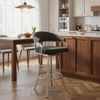 Sunvega Swivel Modern Slate Gray Faux Leather Barstool with Brushed Stainless Steel Base