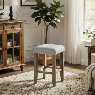 Sunvega Tan Linen & Weathered Oak Finish Counter Height Armless Stool Set of 2