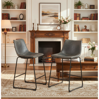 Sunvega Antique Brown PU Leather Counter Height Stools with Iron Frame, Set of 2