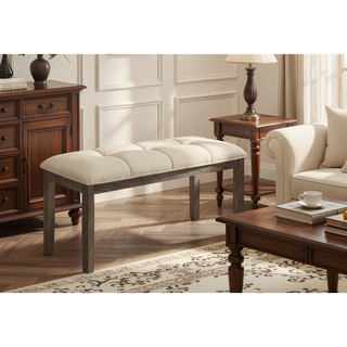 Sunvega 44" Rectangular Upholstered Bench with Cream Fabric and Grey Solid Wood Frame