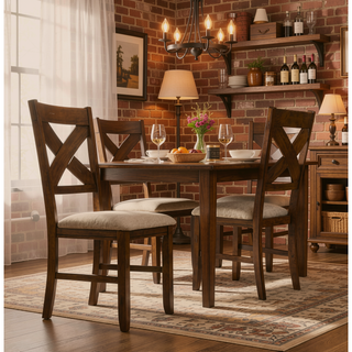 Sunvega Solid Rubberwood X-Back Dining Chairs with Textured Tan Fabric Seats