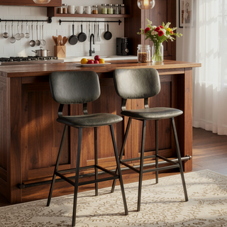 Sunvega Foundry Contemporary Black Metal and Grey Faux Leather Barstools with Zig Zag Stitching
