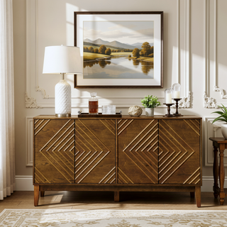 Sunvega Mid Century Modern Fluted Sideboard with Geometric Pattern and Adjustable Shelves