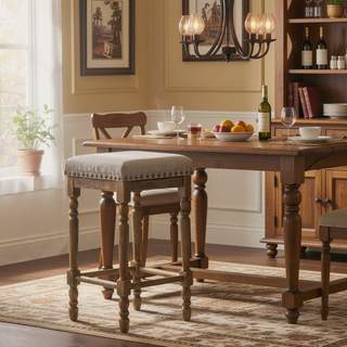 Sunvega Weathered Oak Counter Height Stools with Beige Fabric Upholstery Set of 2