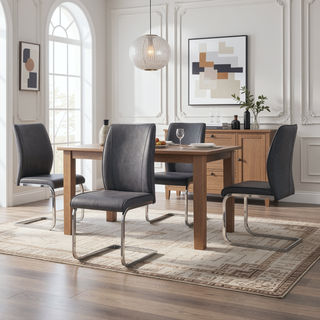 Sunvega PU Dining Chairs with Arched Metal Silver Legs and Crazy Horse Texture in Dark Gray