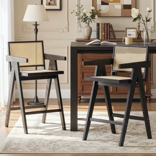 Sunvega Cream Grey Woven Cane Plastic Backrest Bar Stool with Foam-Padded Fabric Seat