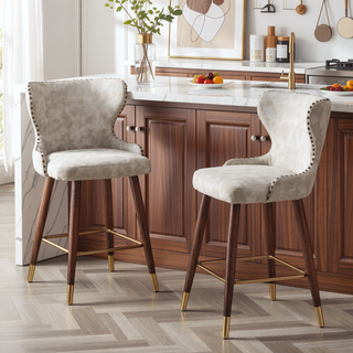 Sunvega Mid-Century Modern Faux Leather Tufted Counter Stool Set with Nailhead Trim