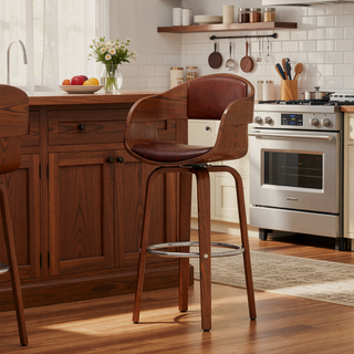 Sunvega Mid-Century Modern Swivel Barstool with Faux Leather Upholstery and Walnut Frame