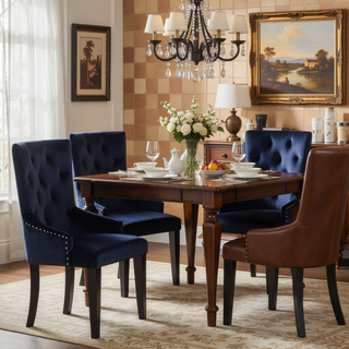 Sunvega Luxury Glam Dining Chair with Dark Navy Velvet Upholstery and Nailhead Trim