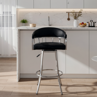 Sunvega Wyden Swivel Modern Black Faux Leather Barstool with Brushed Stainless Steel Base