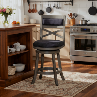 Sunvega 24 Inch Counter Height X-Back Swivel Stool with Beige Fabric Seat and Cherry Finish