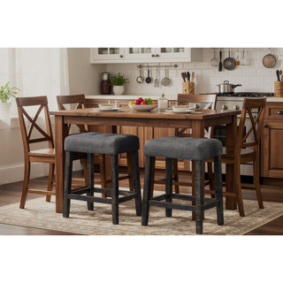 Sunvega Transitional Wood Counter Stool Set of 2 with Upholstered Linen Fabric Cushion