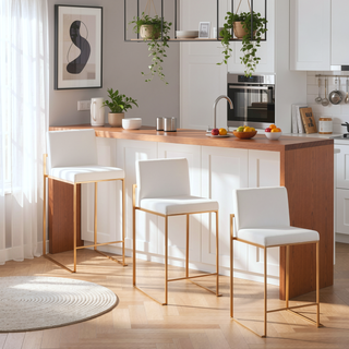 Sunvega Fuji Contemporary High Back Counter Stool Set of 3 in Gold Steel and White Velvet