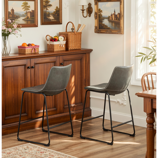 Sunvega Antique Brown PU Leather Counter Height Stools with Iron Frame, Set of 2