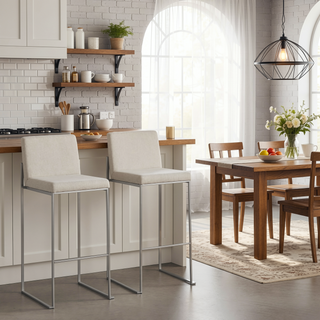 Sunvega Fuji Contemporary High Back Barstool with Padded Seat and Backrest in Stainless Steel and Beige Fabric - Set of 2