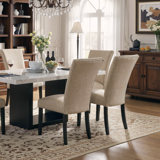 Sunvega Light Gray Flannelette Dining Chairs with Nailhead Trim and Black Wood Legs