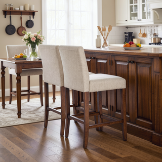 Sunvega Dorian Beige Fabric Counter Chair Set of 2 with Teak Wood Frame