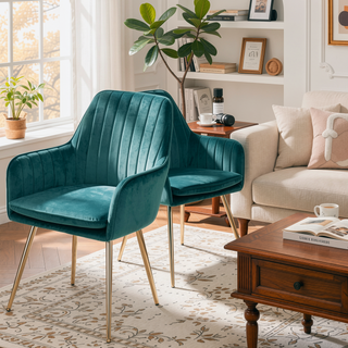 Sunvega Blue Velvet Mid-Back Dining Chairs with Gold Plated Legs for Living Room