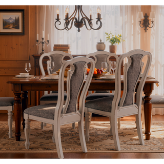 Sunvega Antique White Set of 2 Gray Upholstered Tufted Dining Chairs with Cushion Seat