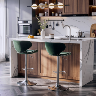 Sunvega Green Velvet Upholstered Adjustable Swivel Barstool with Footrest, Set of 2
