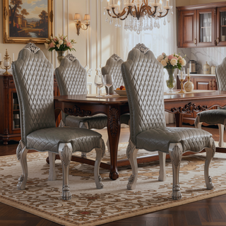 Sunvega Vintage Bone White Faux Leather Upholstered Side Chairs with Floral Crown
