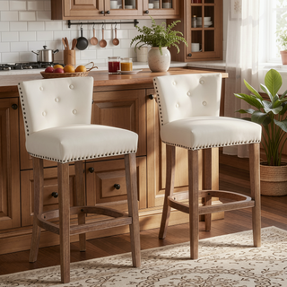 Sunvega Brown Wooden Bar Stools with Cow Top Leather Upholstered Seat and Backs