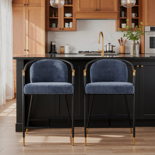 Sunvega Upholstered Navy Blue Counter Stool Set of 2 with Iron Frame