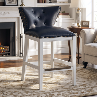 Sunvega Midnight Blue Faux Leather Upholstered Counter Stool with White Wood Base