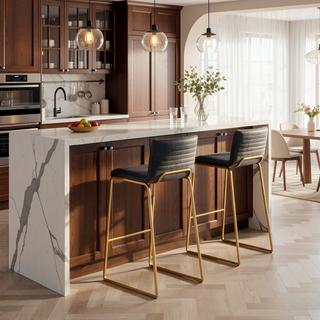 Sunvega Mason Mara Contemporary Fixed-Height Barstool with Gold Metal Walnut Wood Grey Faux Leather