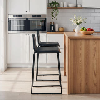 Sunvega Modern Black Faux Leather Barstools with Metal Base and Footrest Set of 2