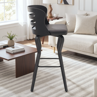 Sunvega 30 Inch Swivel Gray Faux Leather and Black Wood Bar Stool