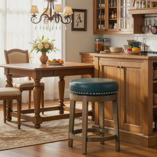 Sunvega Gray Faux Leather Swivel Stools with Nailhead Trim and Solid Wood Frame
