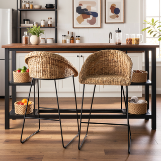Sunvega Water Hyacinth Bar Stools 2pc Set with Woven Fiber Seat and Metal Footrest