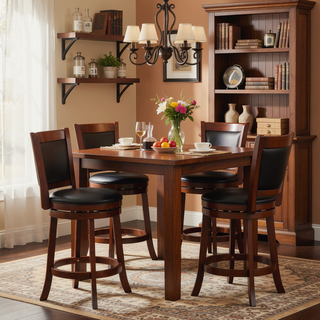Sunvega Dark Cherry Finish Swivel Bar Chair with Black Faux Leather Upholstery