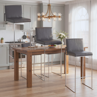 Sunvega Fuji High Back Barstool Set of 3 in Stainless Steel and Grey Faux Leather