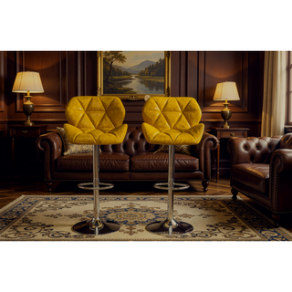 Sunvega Blue PU Leather Diamond-Tufted Swiveling Adjustable Height Bar Stools Set of 2