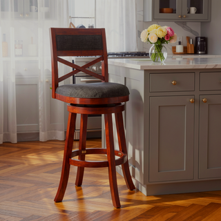 Sunvega 30 Inch Bar Height Swivel Stool with X Back Design and Charcoal Fabric Seat