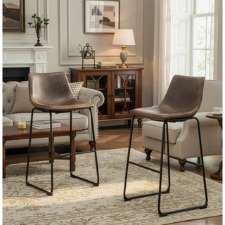 Sunvega Antique Brown Vintage PU Leather Barstools with Iron Frame, Set of 2
