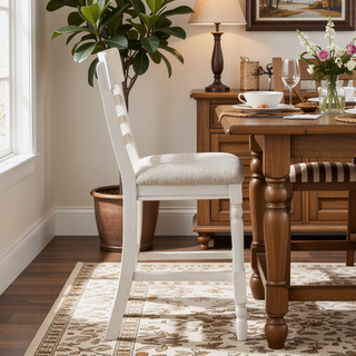 Sunvega Antique White Finish Wooden Counter Height Chair with Light Gray Fabric Upholstered Seat