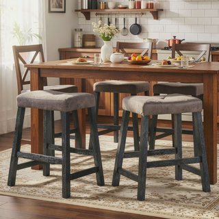 Sunvega Distressed Wooden Farmhouse Barstools with Faux Leather Seat, Counter-Height